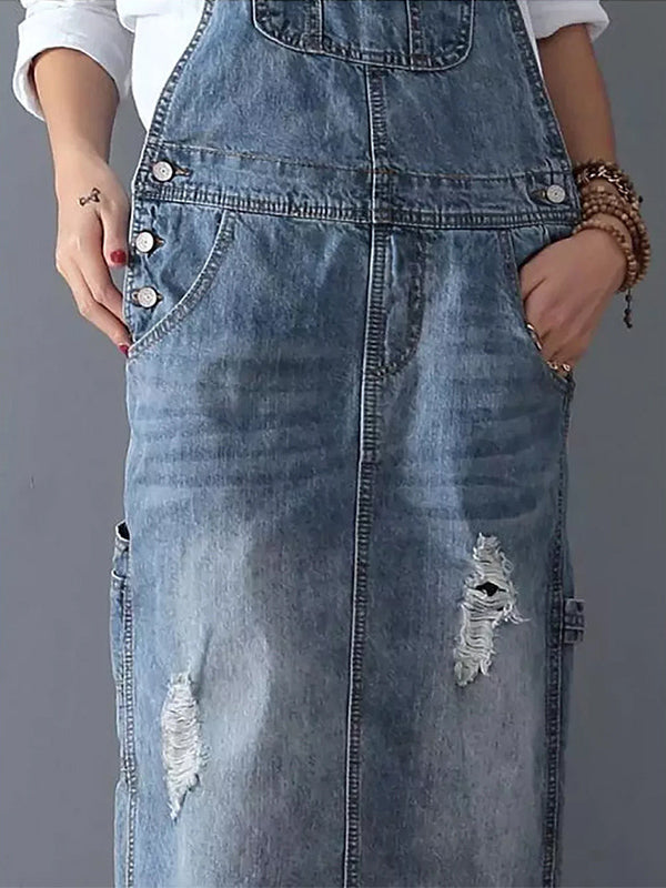 Latzkleid aus Distressed-Jeansstoff mit Schlitz hinten - Lara