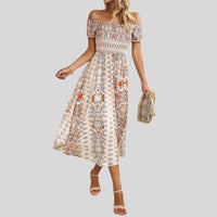 Aurora - Langes Boho-Kleid mit freien Schultern und Rüschen