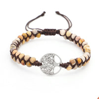 Geflochtenes Yoga Armband mit Anhänger des Baums des Lebens in Goldton, Natursteine, Baumwollkordel, Harmonisch