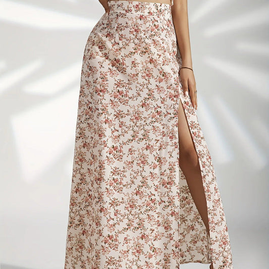 Langer Damenrock mit Blumenmuster und Seitenschlitz - Natalia