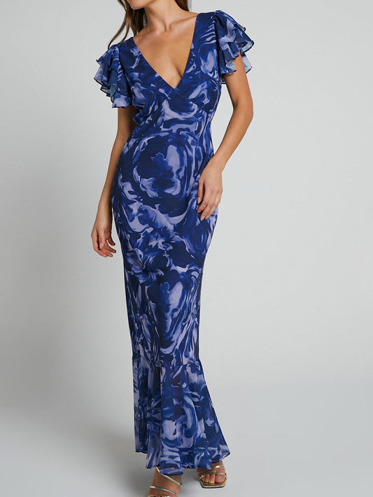 Sarah - Bedrucktes Maxikleid aus Chiffon mit V-Ausschnitt
