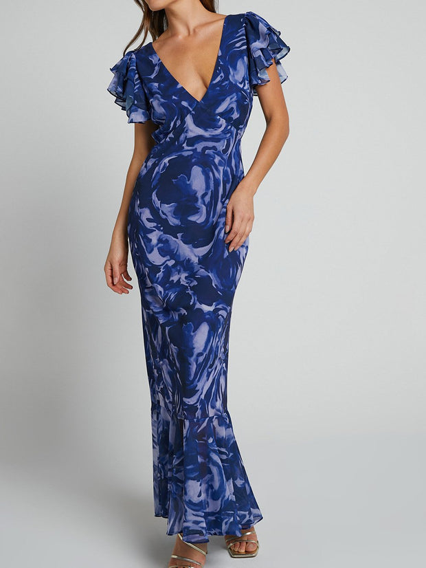Sarah - Bedrucktes Maxikleid aus Chiffon mit V-Ausschnitt