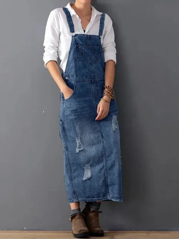 Latzkleid aus Distressed-Jeansstoff mit Schlitz hinten - Lara