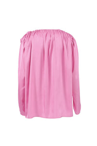 Victoria - Rosafarbene Bluse mit gerafftem V-Ausschnitt und floraler Spitze