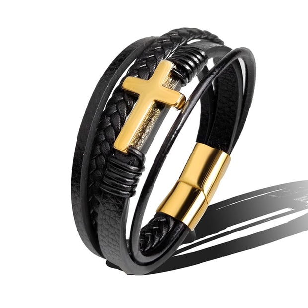 Herrenarmband Aus Geflochtenem Leder Mit Kreuz Aus Edelstahl Sentinel Stilvoll Und Bedeutend