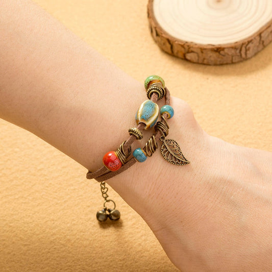 Boho-Armband Aus Leder Mit Keramikperlen Lantana - Elegantes Boho Schmuckarmband Für Den Alltag