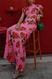 Elena - Langes Kleid mit ausgestellten Ärmeln und floralem Rosendruck