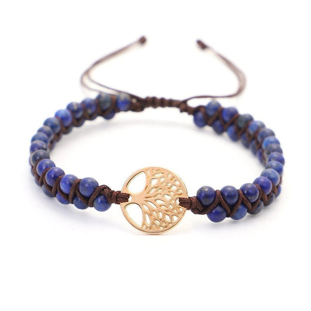 Geflochtenes Yoga Armband mit Anhänger des Baums des Lebens in Goldton, Natursteine, Baumwollkordel, Harmonisch
