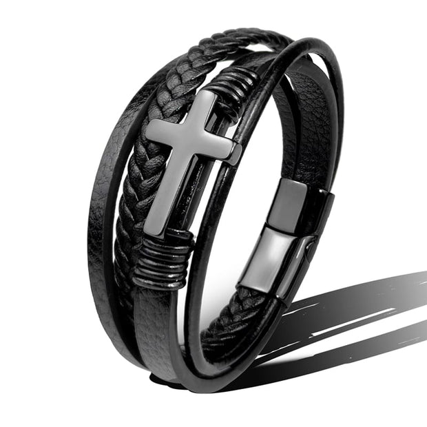 Herrenarmband Aus Geflochtenem Leder Mit Kreuz Aus Edelstahl Sentinel Stilvoll Und Bedeutend