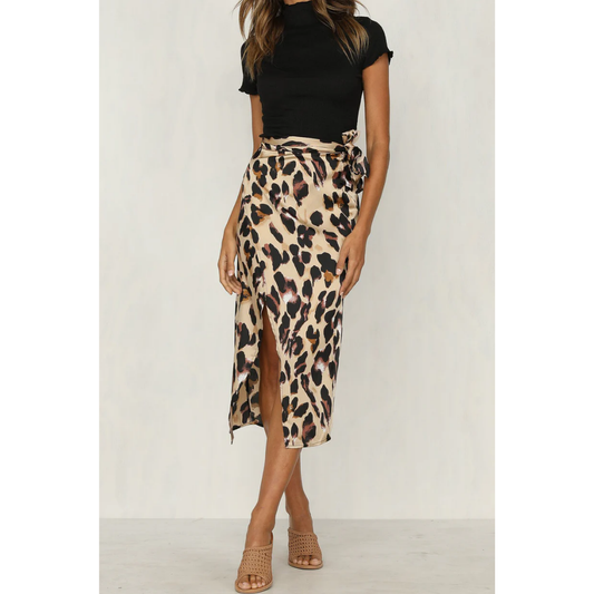 Damen Midi-Sommerrock mit Leopardenprint und Schlitz