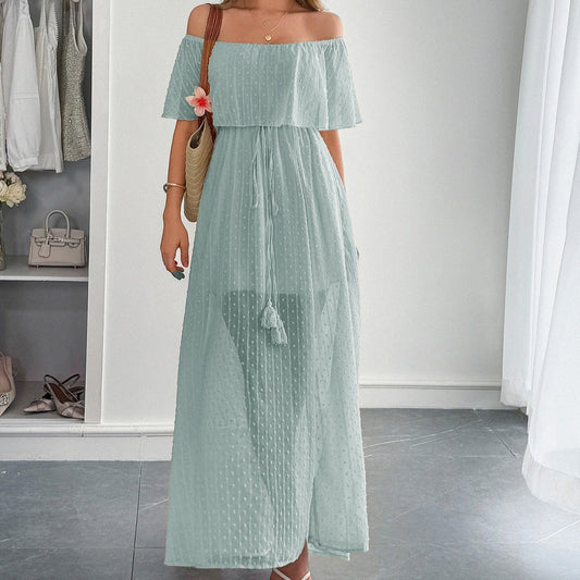 Langes Kleid aus Plumeti-Chiffon mit fließendem Bootsausschnitt - Noelia