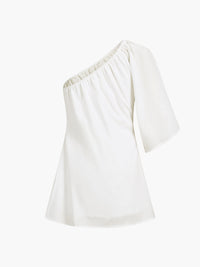 Camille - Kurzes Kleid mit einem Ärmel aus Baumwolle Leinen Egéen