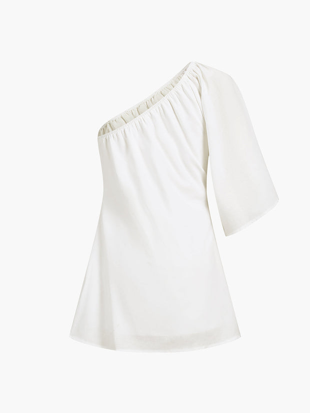 Camille - Kurzes Kleid mit einem Ärmel aus Baumwolle Leinen Egéen