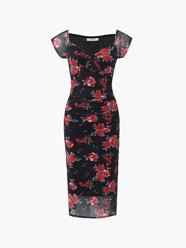 Júlia - Midikleid mit Blumenmuster und geraffter Seite