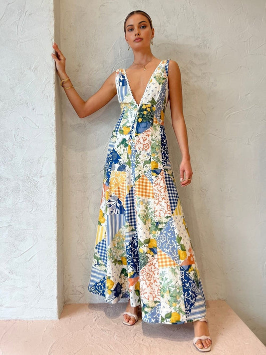 Holly - Lemonade Print Langes Kleid mit Spitzenbesatz