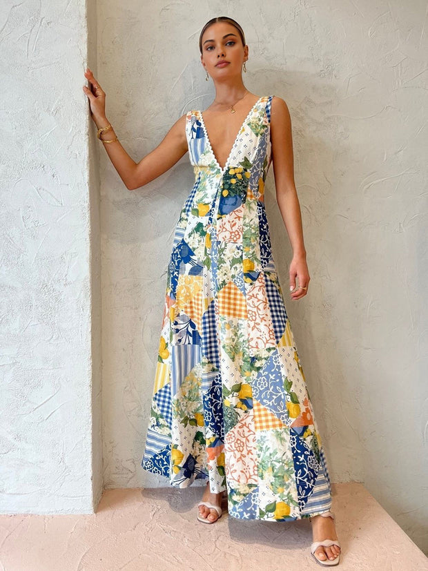 Holly - Lemonade Print Langes Kleid mit Spitzenbesatz