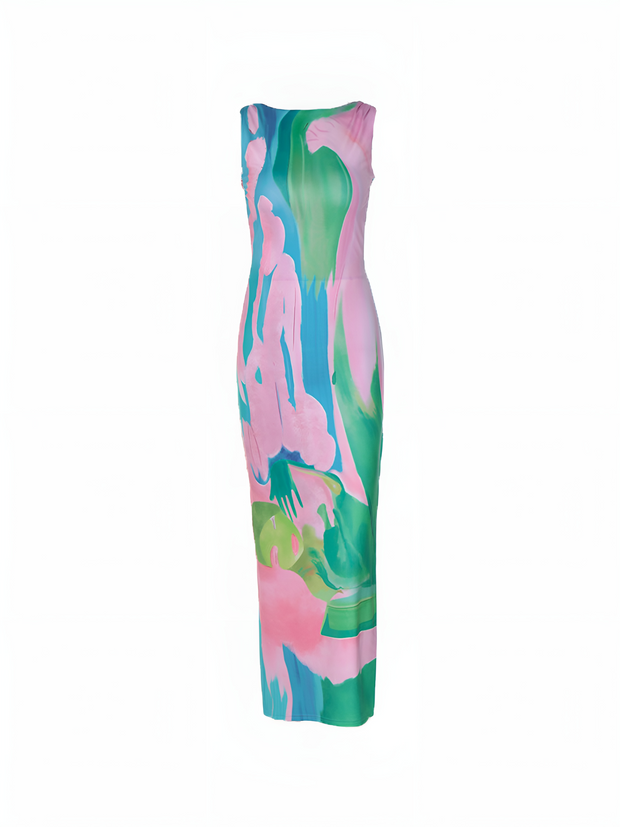 Constance - Monet Garden Print Ärmelloses Langes Kleid