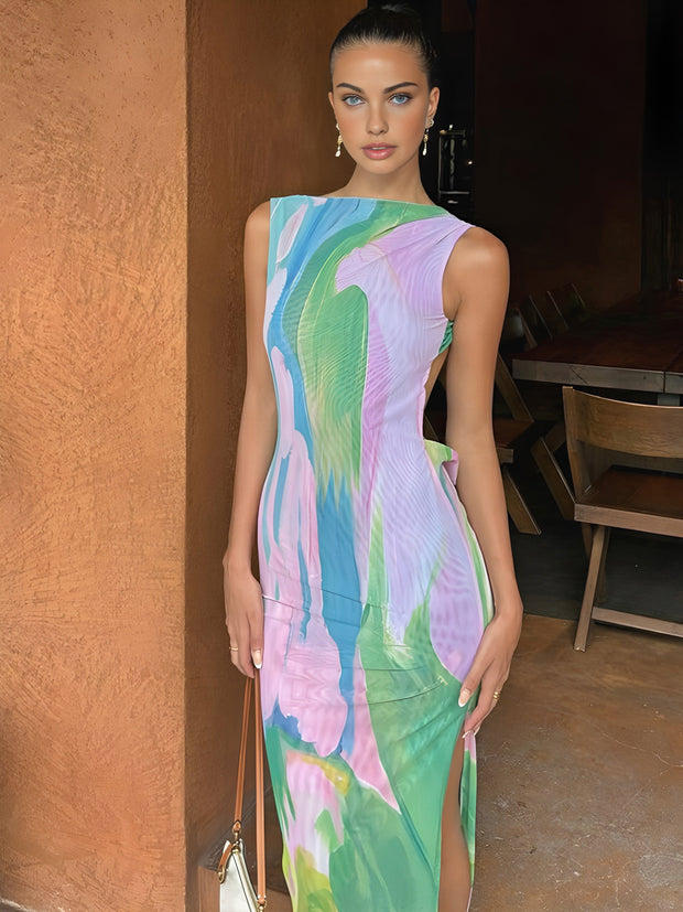 Constance - Monet Garden Print Ärmelloses Langes Kleid