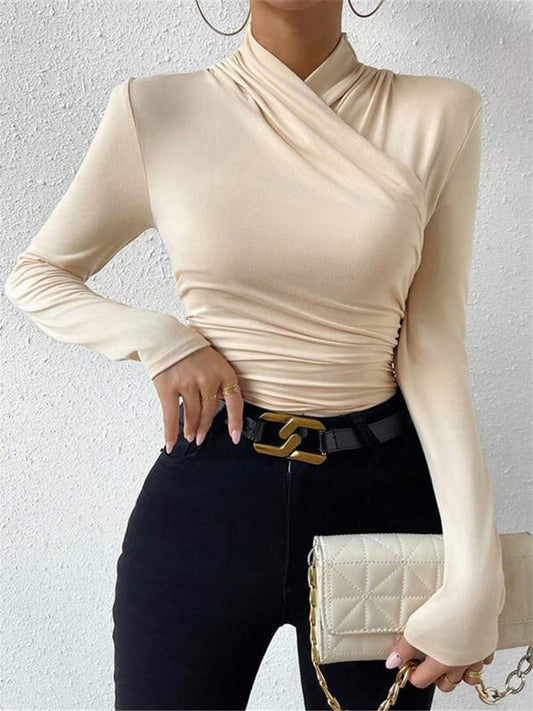 Gestricktes Damen-T-Shirt mit Stehkragen - Sigrunel