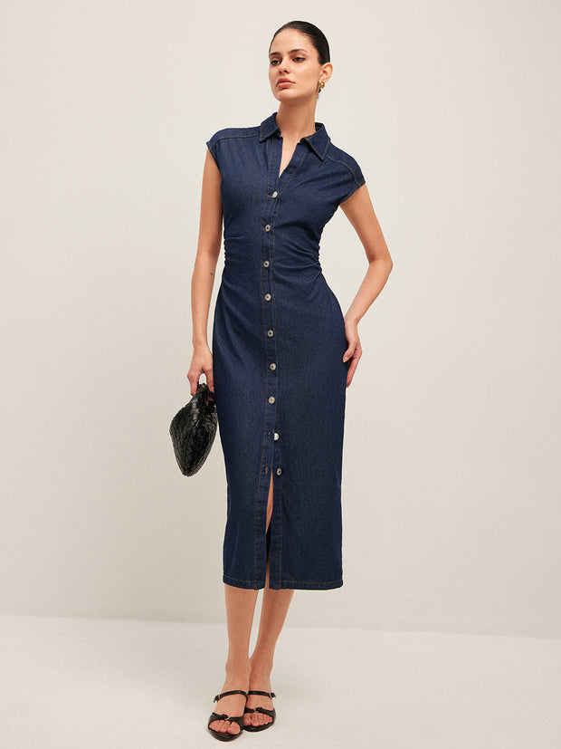 Alessia - Ärmelloses Denim-Kleid mit V-Ausschnitt und Knopfleiste