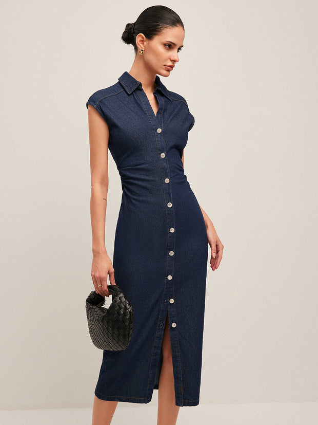 Alessia - Ärmelloses Denim-Kleid mit V-Ausschnitt und Knopfleiste