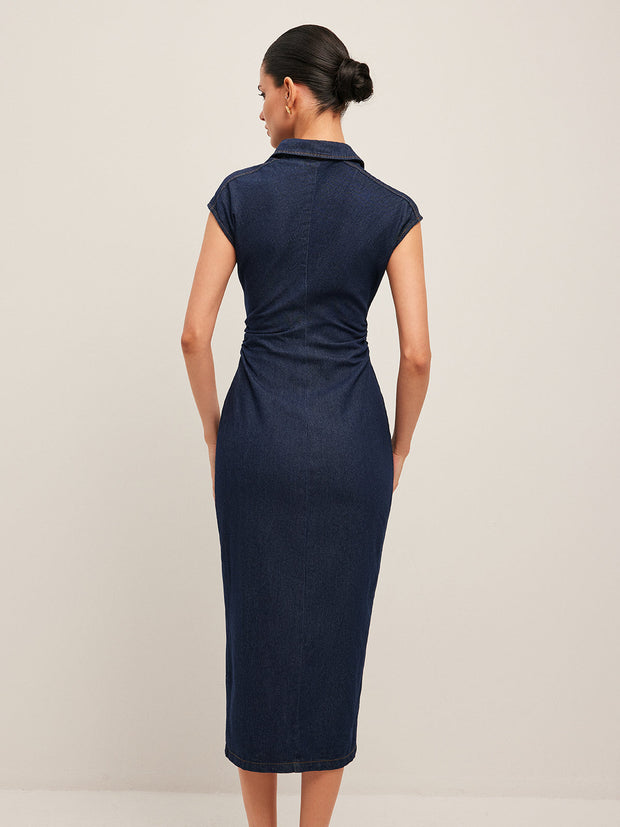 Alessia - Ärmelloses Denim-Kleid mit V-Ausschnitt und Knopfleiste