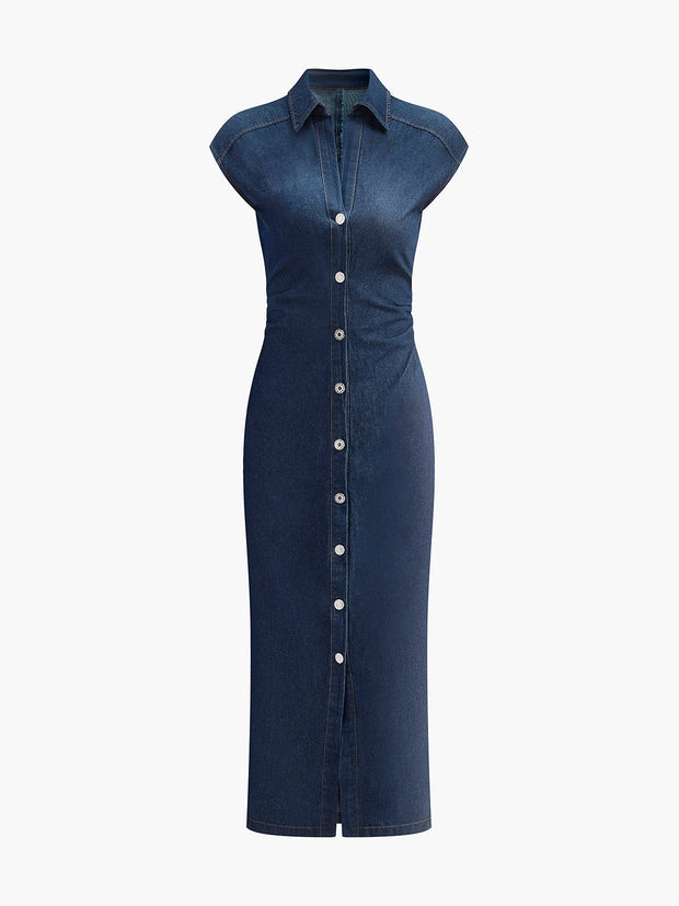 Alessia - Ärmelloses Denim-Kleid mit V-Ausschnitt und Knopfleiste