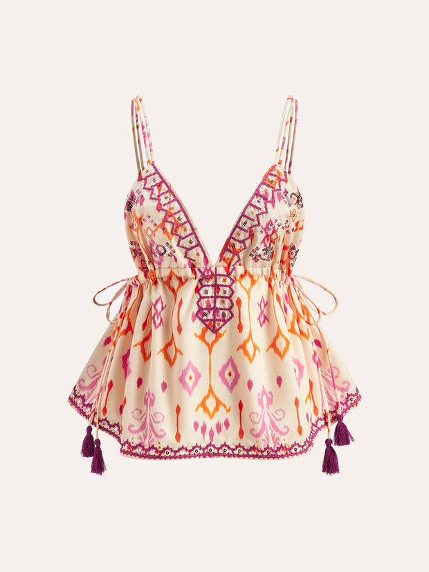 Nora - Besticktes Boho-Tassel-Krawatten-Cami-Top