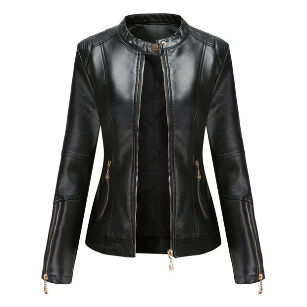 Elegante Lederjacke mit Rundhalsausschnitt und Knopfverschluss