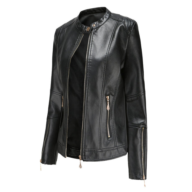 Elegante Lederjacke mit Rundhalsausschnitt und Knopfverschluss