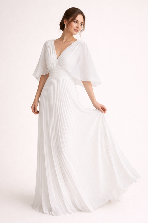 Langes plissiertes Damenkleid mit kurzen Ärmeln und elegantem V-Ausschnitt - Norevia