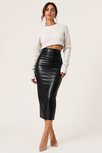 PU-Midirock für Damen mit hoher Taille und Raffung – Siglinde