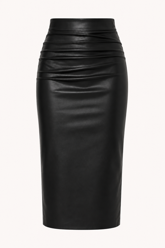 PU-Midirock für Damen mit hoher Taille und Raffung – Siglinde