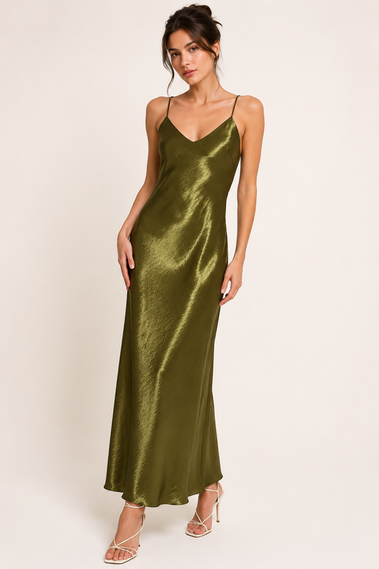 Satin-Midi-Kleid im Lingerie-Stil für Damen mit V-Ausschnitt – Leni
