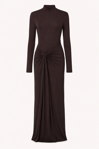 Langes Damenkleid mit hochgeschlossenem, drapiertem Ausschnitt – Monik