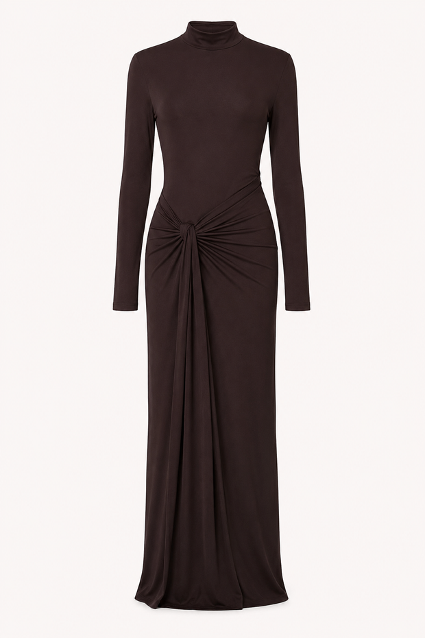 Langes Damenkleid mit hochgeschlossenem, drapiertem Ausschnitt – Monik