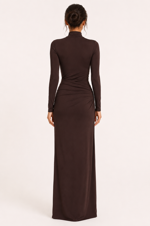 Langes Damenkleid mit hochgeschlossenem, drapiertem Ausschnitt – Monik