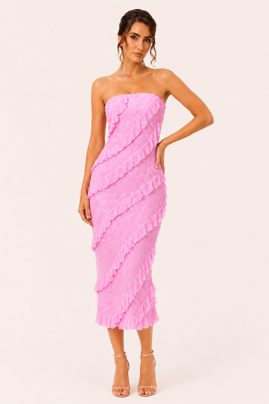 Trägerloses Midikleid für Damen mit Rüschen - Yina