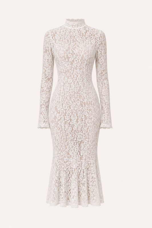 Elegantes Midi-Kleid aus Spitze für Damen mit hohem Kragen – Samara