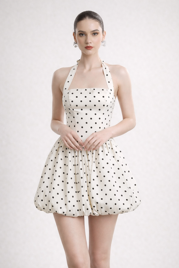 Kurzes Damenkleid mit Neckholder-Ausschnitt und Ballon-Rock - Doris
