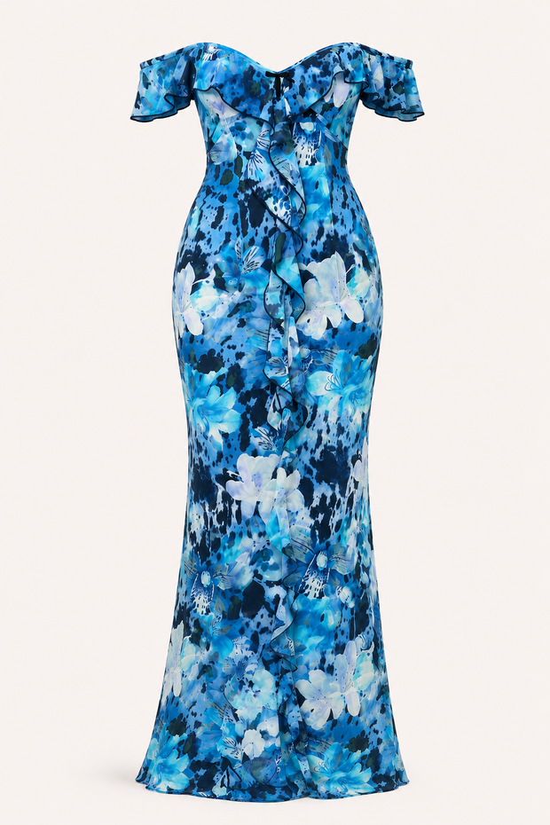 Langes, gemustertes Damenkleid mit freien Schultern – Käthe