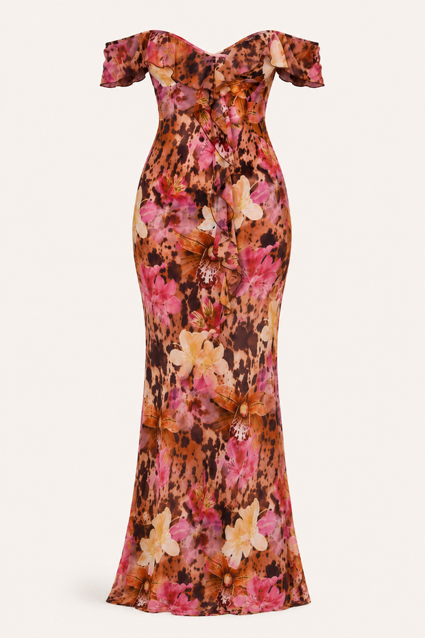 Langes, gemustertes Damenkleid mit freien Schultern – Käthe