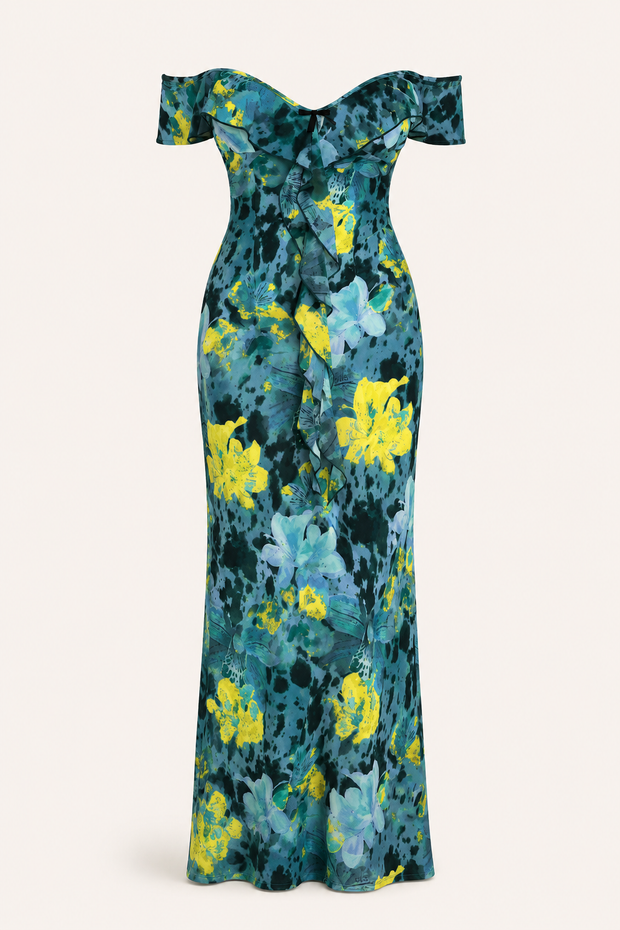Langes, gemustertes Damenkleid mit freien Schultern – Käthe