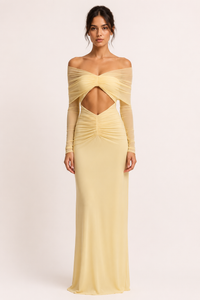 Langes Kleid Frau Hochzeitsgast nackte Schultern Schlitz Taille elegant - Helene