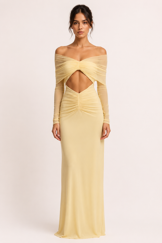 Langes Kleid Frau Hochzeitsgast nackte Schultern Schlitz Taille elegant - Helene