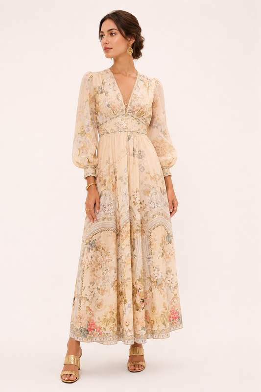 Damen Midikleid V-Ausschnitt hohe Taille Puffärmel - Connie