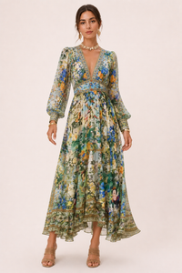 Damen Midikleid V-Ausschnitt hohe Taille Puffärmel - Connie