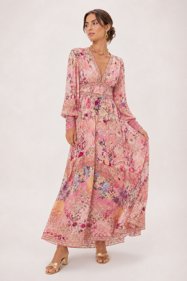 Damen Midikleid V-Ausschnitt hohe Taille Puffärmel - Connie