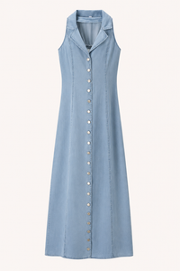 Langes ärmelloses Denim-Kleid mit Knopfleiste - Elara