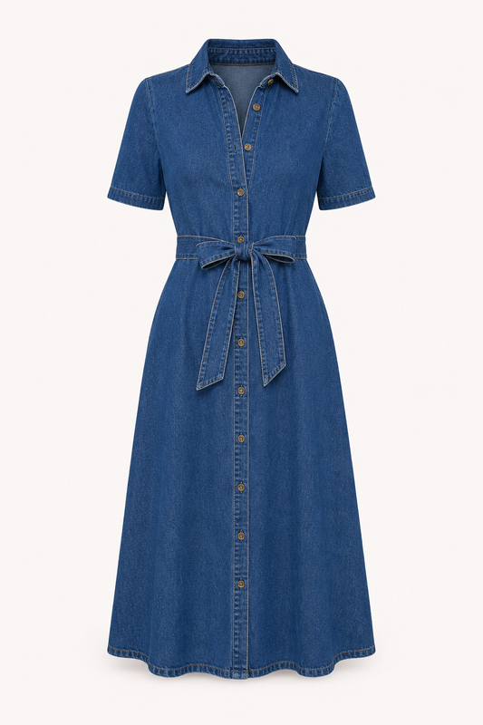 Damen Midikleid Denim lässig mit Gürtel und Knöpfen - Klara
